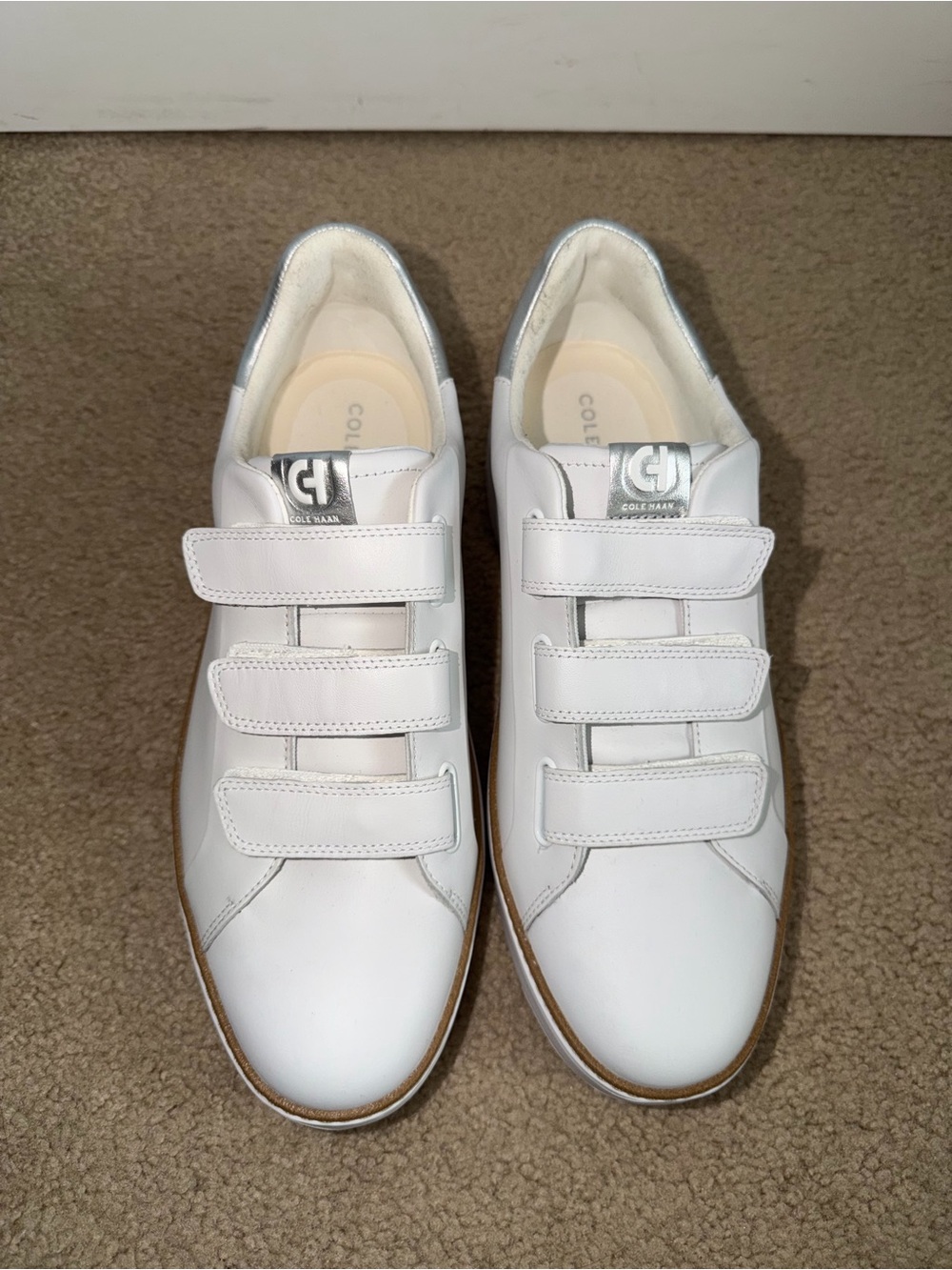 Cole Haan GrandPro Women 9.5 White Leather Triple Strap Sneakers Silver Comfort